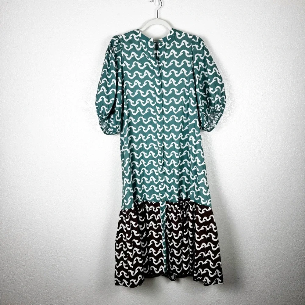 Dr. Bloom Blue Brown Patterned Tiered Maxi Dress 100% Cotton Size Medium